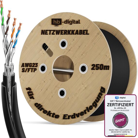 HB-DIGITAL 250m CAT 7 Outdoor Netzwerkkabel für direkte Erdverlegung S/FTP AWG23/1 reines Kupfer Doppelmantel PVC + LLDPE UV wasserresistent PoE 10 Gbit/s Ethernet Kabel für Außenbereich - Schwarz