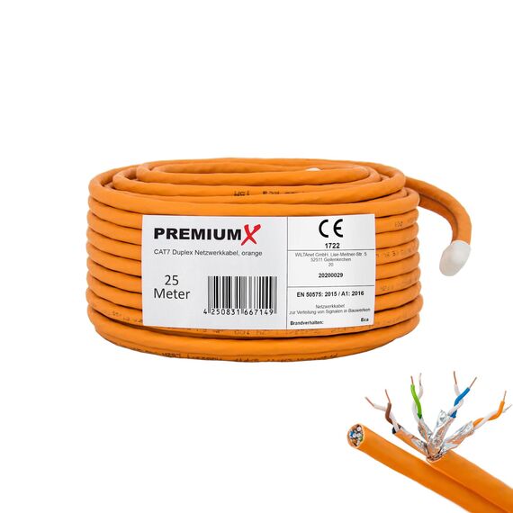 PremiumX CAT 7 Netzwerkkabel 25m LAN Kabel Duplex Kupferkabel Ethernet Datenkabel S/FTP PiMF PoE Eca Kat7 Verlegekabel Installationskabel für müheloses Verlegen
