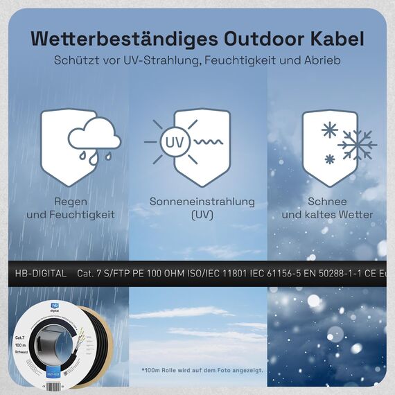 HB-DIGITAL 10m CAT 7 Netzwerkkabel Outdoor LAN Kabel Verlegekabel S/FTP AWG23 doppelt geschirmt PiMF reines Kupfer max 10Gbit/s Netzwerk Installation Ethernet Datenkabel für Außenbereich - Schwarz