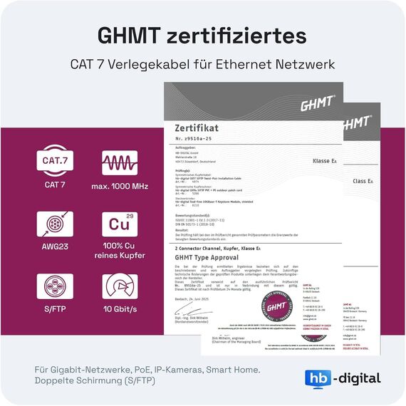 HB-DIGITAL 5m CAT 7 Outdoor Netzwerkkabel für direkte Erdverlegung -GHMT Zertifiziert- S/FTP AWG23 reines Kupfer Doppelmantel PVC + LLDPE PoE 10Gbit/s Ethernet Kabel für Außenbereich - Schwarz