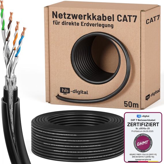 HB-DIGITAL 50m CAT 7 Outdoor Netzwerkkabel für direkte Erdverlegung -GHMT Zertifiziert- S/FTP AWG23 reines Kupfer Doppelmantel PVC + LLDPE PoE 10Gbit/s Ethernet Kabel für Außenbereich - Schwarz