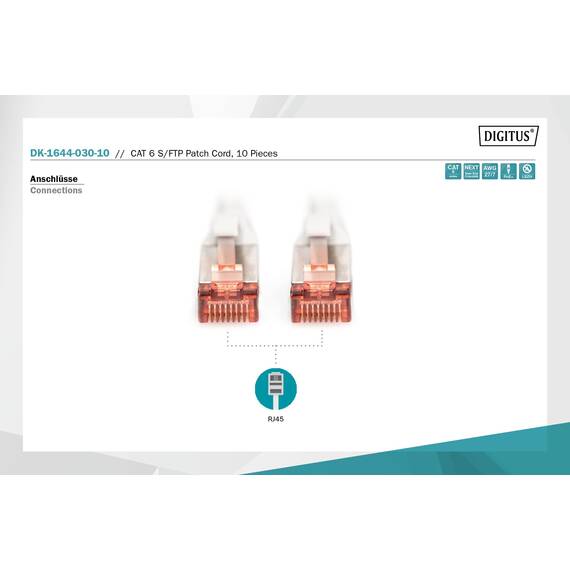 DIGITUS LAN Kabel Cat 6 – 3 m – 10 Stück – 1 Gbit/s – RJ45 Netzwerkkabel – S/FTP Geschirmt – LSZH – Kompatibel zu Cat6A und Cat7 – Patchkabel, Ethernet Kabel – Grau