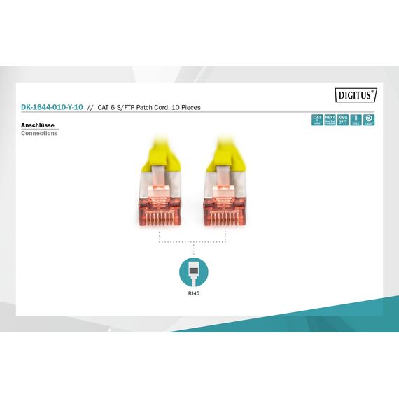 DIGITUS LAN Kabel Cat 6 - 1m - 10 Stück - RJ45 Netzwerkkabel - S/FTP Geschirmt - Kompatibel zu Cat6A und Cat7 - Gelb