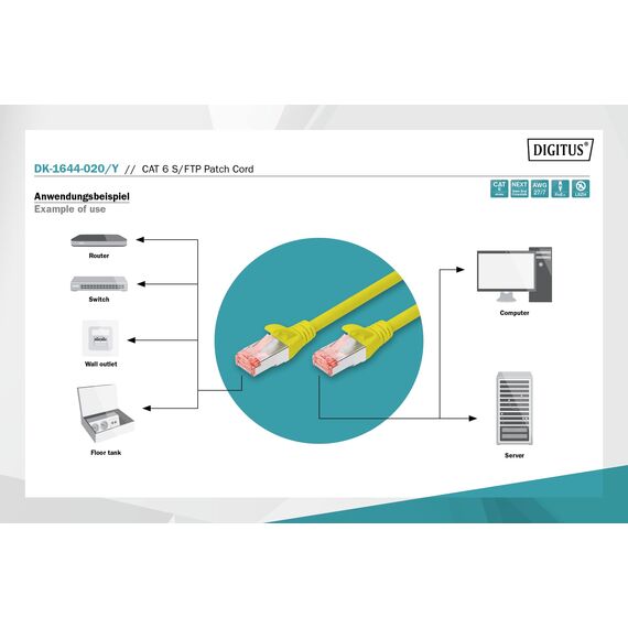 DIGITUS LAN Kabel Cat 6 - 2m - RJ45 Netzwerkkabel - S/FTP Geschirmt - Kompatibel zu Cat6A und Cat7 - Gelb