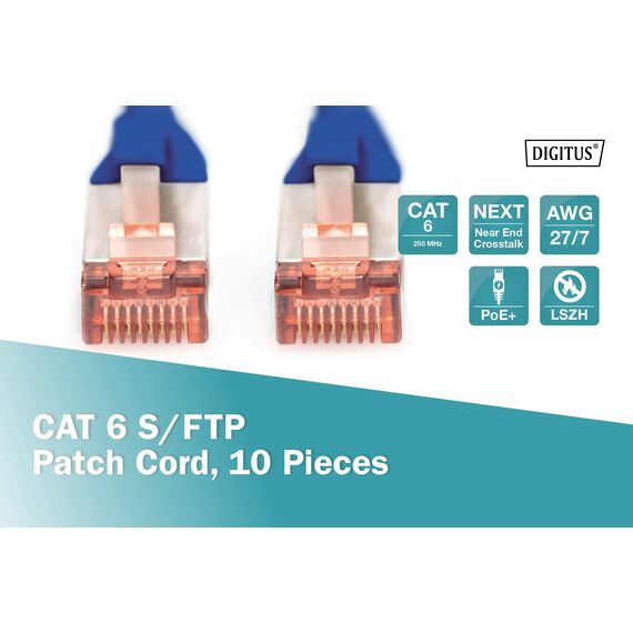 DIGITUS LAN Kabel Cat 6 - 0,25m - 10 Stück - RJ45 Netzwerkkabel - S/FTP Geschirmt - Kompatibel zu Cat6A und Cat7 - Blau