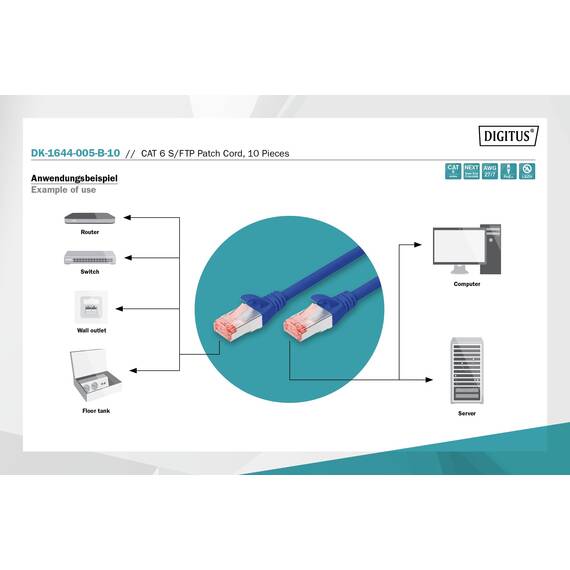 DIGITUS LAN Kabel Cat 6 - 0,5m - 10 Stück - RJ45 Netzwerkkabel - S/FTP Geschirmt - Kompatibel zu Cat6A und Cat7 - Blau