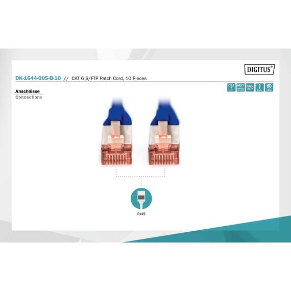 DIGITUS LAN Kabel Cat 6 - 0,5m - 10 Stück - RJ45 Netzwerkkabel - S/FTP Geschirmt - Kompatibel zu Cat6A und Cat7 - Blau
