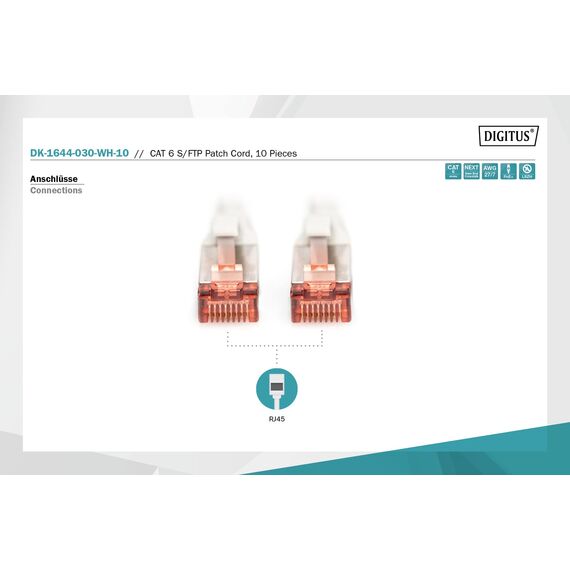 DIGITUS LAN Kabel Cat 6 - 3m - 10 Stück - RJ45 Netzwerkkabel - S/FTP Geschirmt - Kompatibel zu Cat6A und Cat7 - Weiß