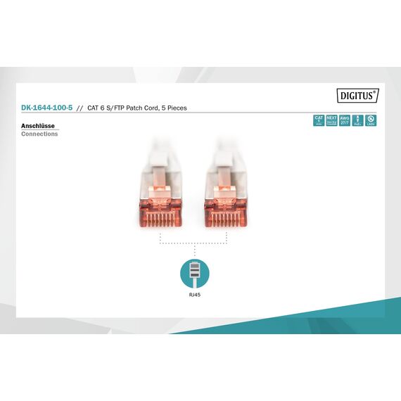 DIGITUS LAN Kabel Cat 6 - 10m - 5 Stück - RJ45 Netzwerkkabel - S/FTP Geschirmt - Kompatibel zu Cat6A und Cat7 - Grau
