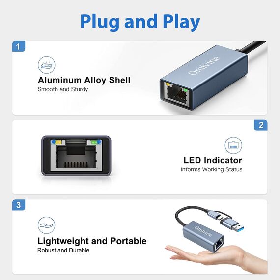 USB C auf Ethernet Adapter mit USB 3.0 auf RJ45 1000 Mbps Verkabeltes Netzwerk 10/100/1000 Gigabit LAN Ethernet Adapter für Windows XP, MAC OS, Linux, Vista 7 8 10 11 (Packung mit 2)