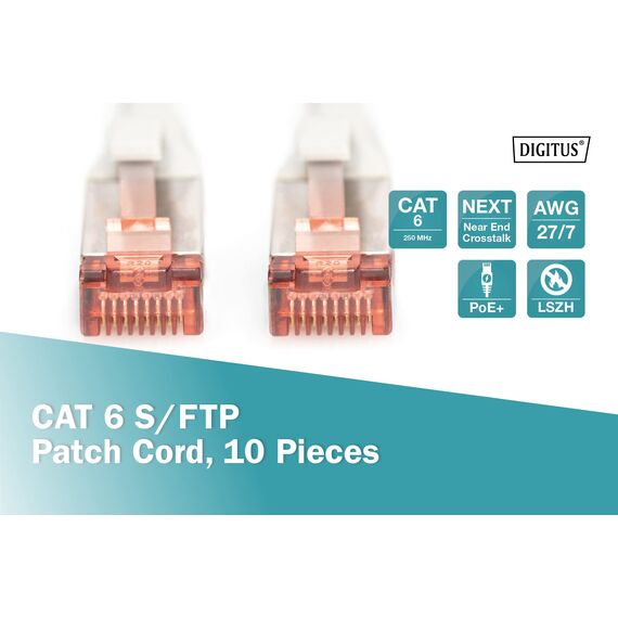 DIGITUS LAN Kabel Cat 6 - 1m - 10 Stück - RJ45 Netzwerkkabel - S/FTP Geschirmt - Kompatibel zu Cat6A und Cat7 - Weiß