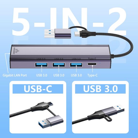 5-IN-2 USB-C auf Ethernet Adapter mit 3*USB 3.0 & 1*USB-C, USB 3.0 auf RJ45 Gigabit LAN Netzwerkadapter Nylon geflochten & Aluminiumlegierung LAN Hub für iPhone16/15, iPad, MacBook, Surface, Dell XPS