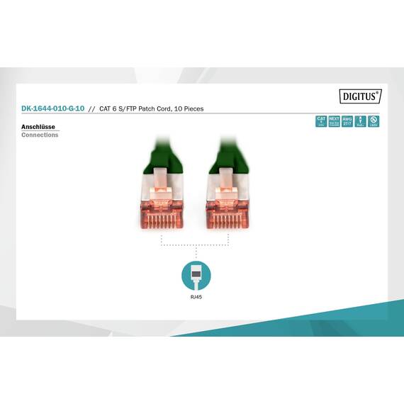 DIGITUS LAN Kabel Cat 6 - 1m - 10 Stück - RJ45 Netzwerkkabel - S/FTP Geschirmt - Kompatibel zu Cat6A und Cat7 - Grün