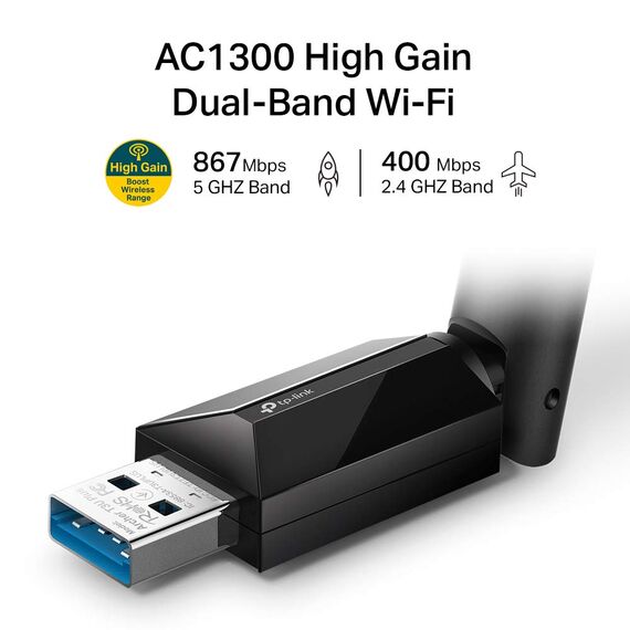 TP-Link Archer T3U Plus AC1300 High Gain USB WLAN Stick Adapter mit Antennen(bis zu 867 Mbit/s 5GHz, 400 Mbit/s 2,4GHz, Kompatibel mit Windows 11/10/8.1/8/7, Mac OS 10.15 und früher