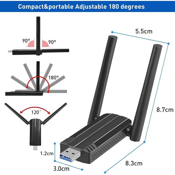 USB WLAN Stick Adapter für PC - Internet Stick 1300Mbps USB 3.0 Dual Band 2.4GHz/5.8GHz WLAN Adapter PC mit 2 x 5dBi Antenna PC/Laptop, Kompatibel mit Windows 11/10/8/7/Vista/XP, Mac OS 10.9-10.15