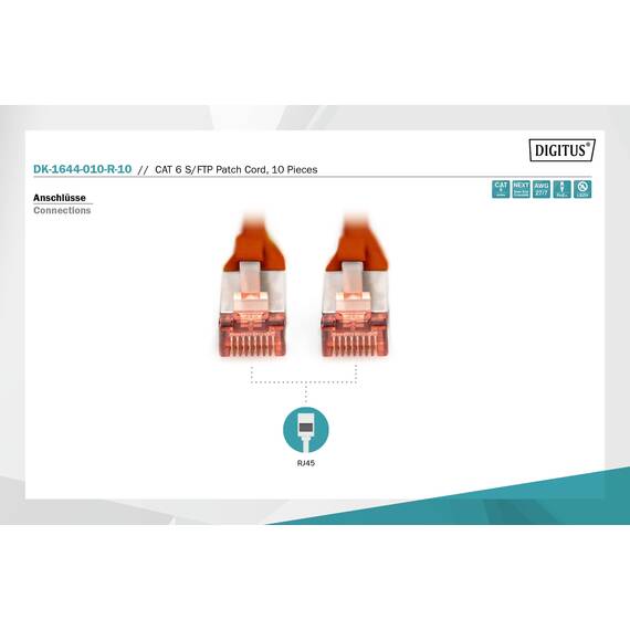 DIGITUS LAN Kabel Cat 6 - 1m - 10 Stück - RJ45 Netzwerkkabel - S/FTP Geschirmt - Kompatibel zu Cat6A und Cat7 - Rot