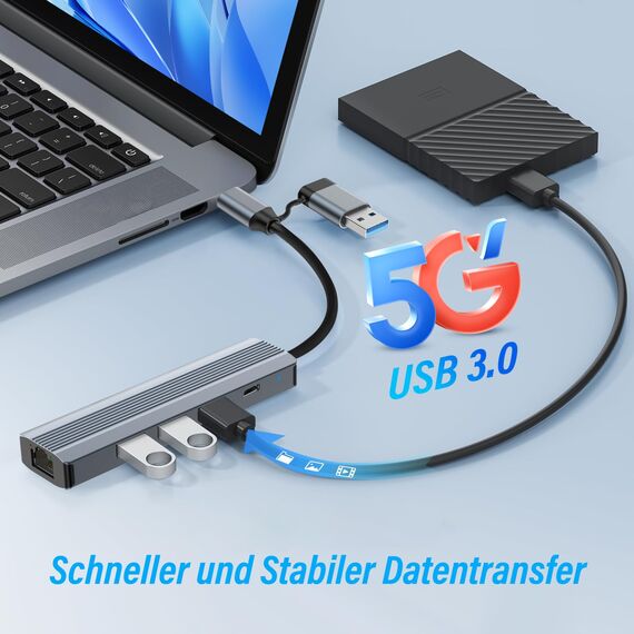 Dual USB-A/C LAN Adapter mit Gigabit Ethernet & 3X USB 3.0 & Typ-C Charging, Ethernet Adapter für Switch, iPhone 16/15, iPad, MacBook, Surface, Dell XPS