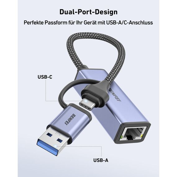 BENFEI USB-C auf Ethernet Adapter, USB 3.0 auf RJ45 Gigabit LAN (1000Mbps) Netzwerkadapter , kompatibel mit MacBook/Pro/Air, Surface Pro, Windows 11/10/8/7, Mac OS