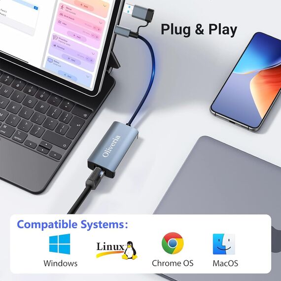 USB-C auf Ethernet Adapter - USB 3.0 auf RJ45 Gigabit Ethernet LAN 1000 Mbps Netzwerkadapter für Windows/Mac/Linux