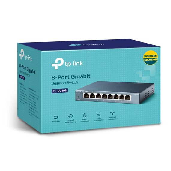 TP-Link TL-SG108 8-Port Gigabit Netzwerk Switch (Plug-and-Play, 8* RJ-45 LAN Ports, Metallgehäuse, IGMP-Snooping, unmanaged, lüfterlos) blau metallic