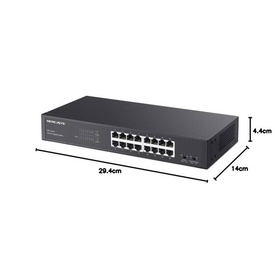 Mercusys MS116GS 16-Port Gigabit Switch 19 Zoll, unmanaged Netzwerk-Switch, für Desktop oder Rack-Montage, Plug und Play, Metallgehäuse, 294 × 140 × 44 mm