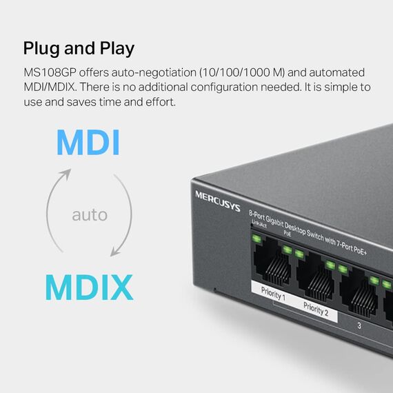Mercusys MS108GP PoE Switch 8-Port Gigabit LAN Switch mit 7 PoE+ Ports, bis zu 30 W pro PoE-Port und 65 W für alle PoE-Ports, 802.3af/at PoE, lüfterlos, Plug-and-Play, Robustes Metallgehäuse