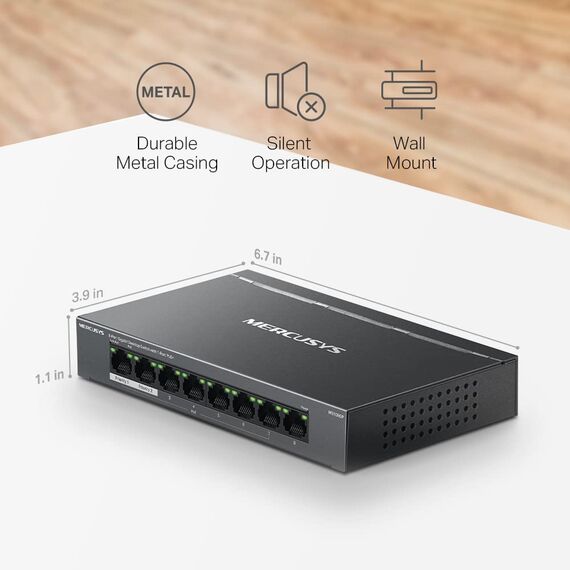 Mercusys MS108GP PoE Switch 8-Port Gigabit LAN Switch mit 7 PoE+ Ports, bis zu 30 W pro PoE-Port und 65 W für alle PoE-Ports, 802.3af/at PoE, lüfterlos, Plug-and-Play, Robustes Metallgehäuse