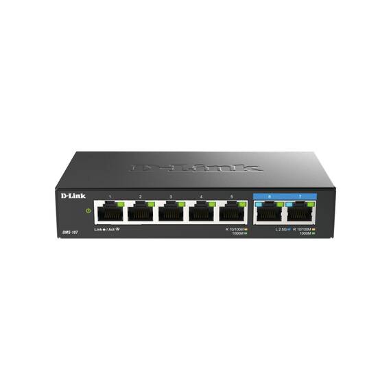 D-Link DMS-107/E 7-Port Multi-Gigabit Unmanaged Switch (2x 2,5G und 5x 1G Ports, lüfterlos, kompaktes Metallgehäuse, QoS, Plug and Play)