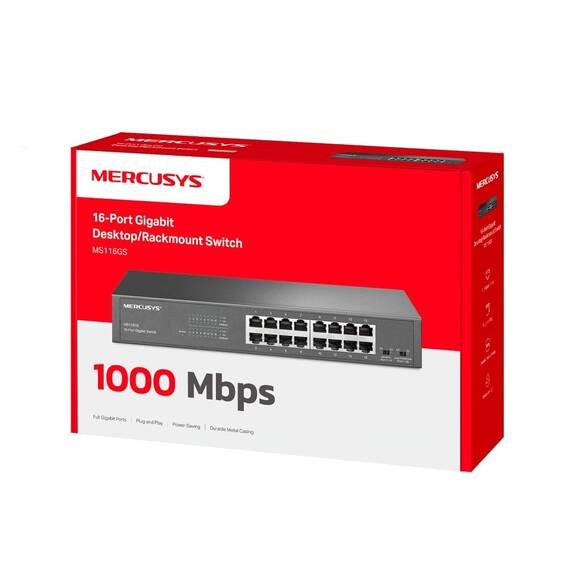 Mercusys MS116GS 16-Port Gigabit Switch 19 Zoll, unmanaged Netzwerk-Switch, für Desktop oder Rack-Montage, Plug und Play, Metallgehäuse, 294 × 140 × 44 mm