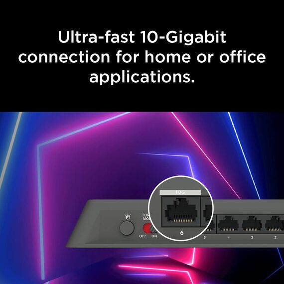 D-Link DMS-106XT 6-Port Multi-Gigabit Unmanaged Switch (5 x 2.5 Gigabit Ethernet, 1 x 10 Gigabit Ethernet, RGB-Beleuchtung bei Turbo Mode, Aluminium Gehäuse, lüfterlos, IGMP Snooping, Port-Base QoS)