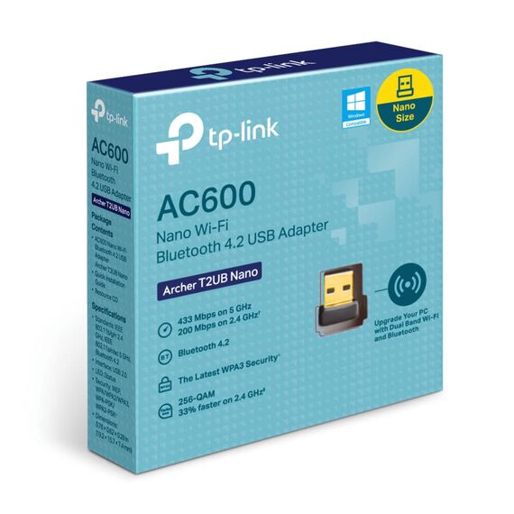 TP-Link Archer T2UB Nano AC600 Nano Wi-Fi Bluetooth 4.2 USB Adapter(2.4GHz 200Mbps, 5GHz 433Mbps, Nano-Größe, unterstützt Win 11/10/8.1/8/7, WPA3-Verschlüsselungsstandards, Bluetooth 4.2)