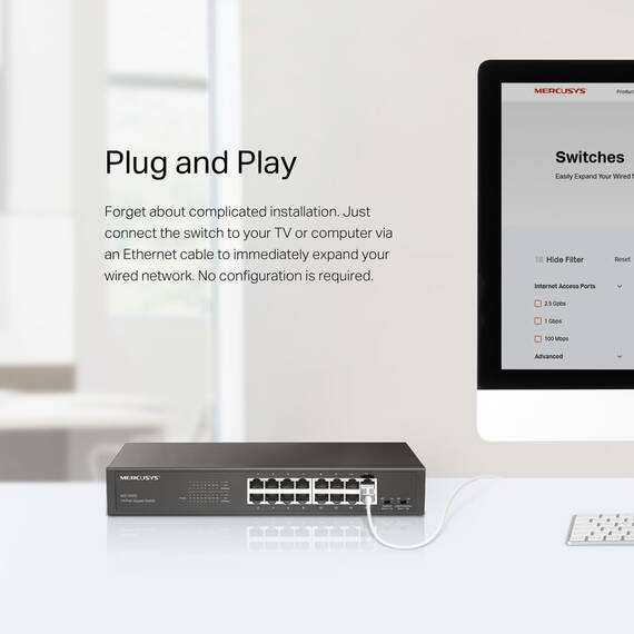 Mercusys MS116GS 16-Port Gigabit Switch 19 Zoll, unmanaged Netzwerk-Switch, für Desktop oder Rack-Montage, Plug und Play, Metallgehäuse, 294 × 140 × 44 mm