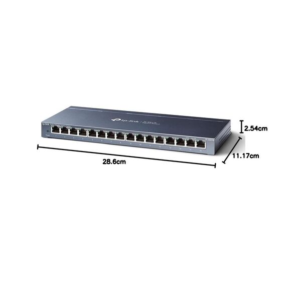 TP-Link TL-SG116 16-Port Gigabit-/Netzwerk Switch (32Gbit/S Switching-Kapazität, geschirmte RJ-45 Ports, Metallgehäuse, IGMP-snooping, Unmanaged, Plug-und-Play, lüfterlos) blau Metallic
