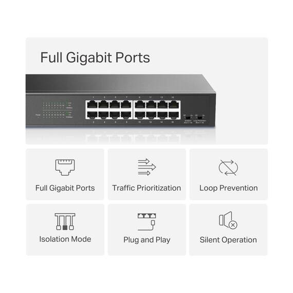 Mercusys MS116GS 16-Port Gigabit Switch 19 Zoll, unmanaged Netzwerk-Switch, für Desktop oder Rack-Montage, Plug und Play, Metallgehäuse, 294 × 140 × 44 mm