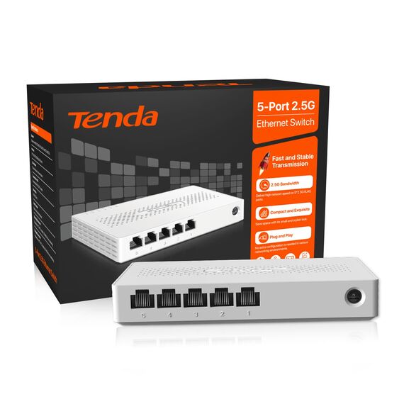 Tenda 5-Port Switch 2.5 Gigabit Unmanaged Netzwerk Switch 2.5 Gbit LAN Switch (Plug-and-Play Ethernet Switch, Lüfterlos, Wandmontage, Ideal für 2,5G NAS, Server, WiFi 6/7 AP, Gaming-PC)(SE105)