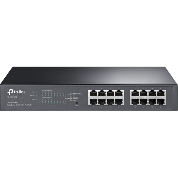TP-Link TL-SG1016PE 16-Port Gigabit Easy Smart Switch mit 8-Port PoE+, bis zu 30 W pro Port und 150 W insgesamt, geschirmte RJ-45-Ports, 802.3af/at, Plug and Play, mit Lüfter