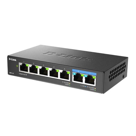 D-Link DMS-107/E 7-Port Multi-Gigabit Unmanaged Switch (2x 2,5G und 5x 1G Ports, lüfterlos, kompaktes Metallgehäuse, QoS, Plug and Play)
