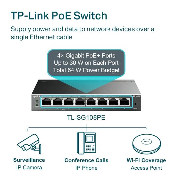 TP-Link TL-SG108PE Managed PoE Switch, 8 Port Gigabit Network Switch mit 4 PoE+ Ports (64 W, 802.3af/at PoE+, Lüfterlos, Plug-and-Play, Robustes Metallgehäuse) Schwarz