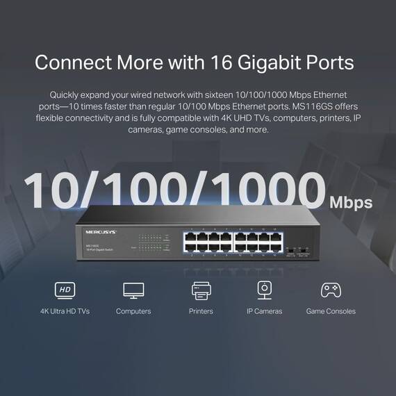 Mercusys MS116GS 16-Port Gigabit Switch 19 Zoll, unmanaged Netzwerk-Switch, für Desktop oder Rack-Montage, Plug und Play, Metallgehäuse, 294 × 140 × 44 mm