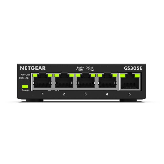 NETGEAR GS305E Managed Switch 5 Port Gigabit Ethernet LAN Switch Plus (Plug-and-Play, Netzwerk Switch Managed, IGMP Snooping, QoS, VLAN, lüfterlos, Robustes Metallgehäuse), Schwarz