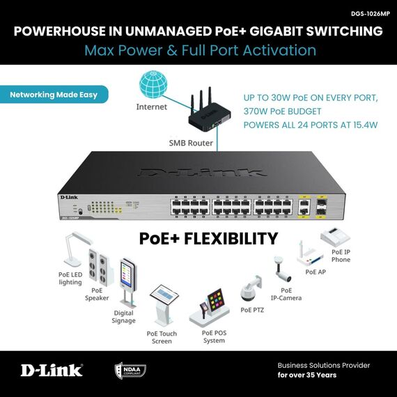 D-Link DGS-1026MP Layer2 PoE+ Gigabit Switch (26-Ports, davon 24 x 10/100/1000 Mbit/s PoE-Porst und 2 Gigabit Combo Uplink-Ports)