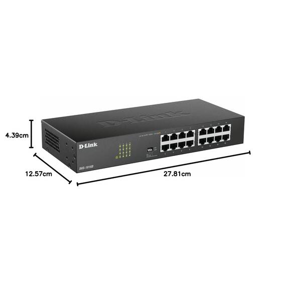 D-Link DGS-1016D Gigabit Switch (16 Ports, 10/100/1000 Mbit/s, einfache Plug & Play-Installation, lüfterlos), Schwarz, Metallisch