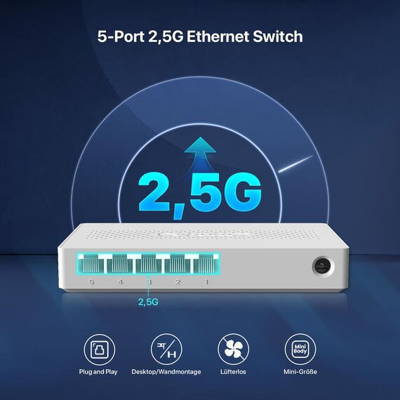 Tenda 5-Port Switch 2.5 Gigabit Unmanaged Netzwerk Switch 2.5 Gbit LAN Switch (Plug-and-Play Ethernet Switch, Lüfterlos, Wandmontage, Ideal für 2,5G NAS, Server, WiFi 6/7 AP, Gaming-PC)(SE105)