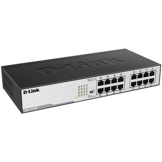 D-Link DGS-1016D Gigabit Switch (16 Ports, 10/100/1000 Mbit/s, einfache Plug & Play-Installation, lüfterlos), Schwarz, Metallisch
