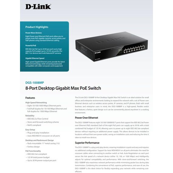 D-Link DGS-1008MP 8-Port Desktop Gigabit Switch (8 x 10/100/1000 BASE-T Ports, unterstützt PoE+)