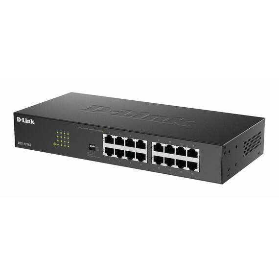D-Link DGS-1016D Gigabit Switch (16 Ports, 10/100/1000 Mbit/s, einfache Plug & Play-Installation, lüfterlos), Schwarz, Metallisch