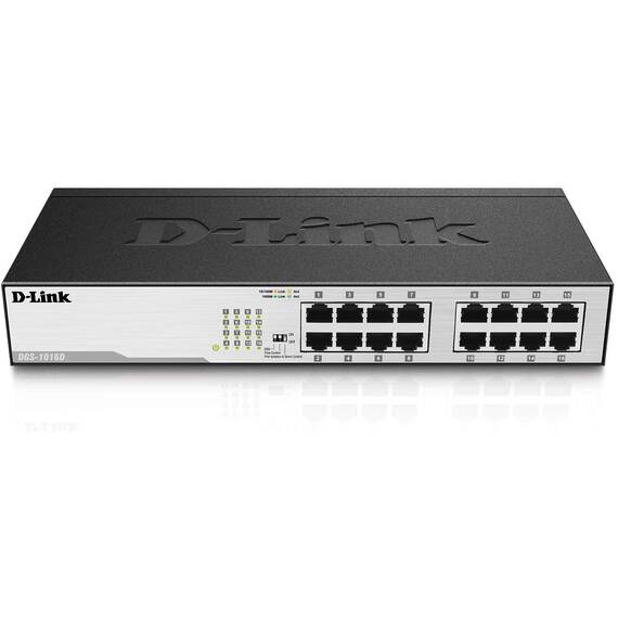 D-Link DGS-1016D Gigabit Switch (16 Ports, 10/100/1000 Mbit/s, einfache Plug & Play-Installation, lüfterlos), Schwarz, Metallisch