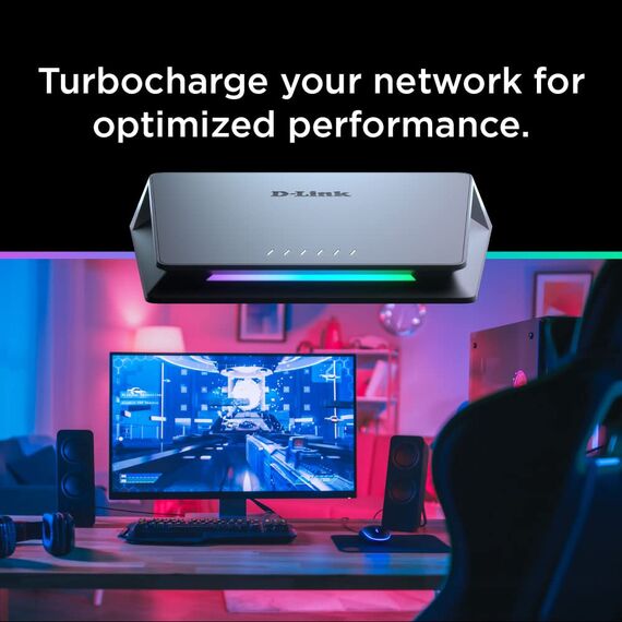 D-Link DMS-106XT 6-Port Multi-Gigabit Unmanaged Switch (5 x 2.5 Gigabit Ethernet, 1 x 10 Gigabit Ethernet, RGB-Beleuchtung bei Turbo Mode, Aluminium Gehäuse, lüfterlos, IGMP Snooping, Port-Base QoS)