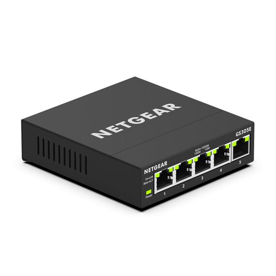 NETGEAR GS305E Managed Switch 5 Port Gigabit Ethernet LAN Switch Plus (Plug-and-Play, Netzwerk Switch Managed, IGMP Snooping, QoS, VLAN, lüfterlos, Robustes Metallgehäuse), Schwarz