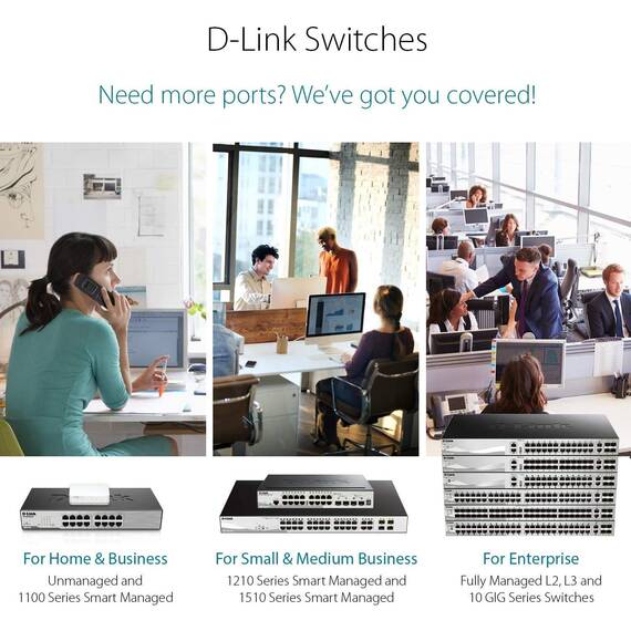 D-Link DGS-1016D Gigabit Switch (16 Ports, 10/100/1000 Mbit/s, einfache Plug & Play-Installation, lüfterlos), Schwarz, Metallisch